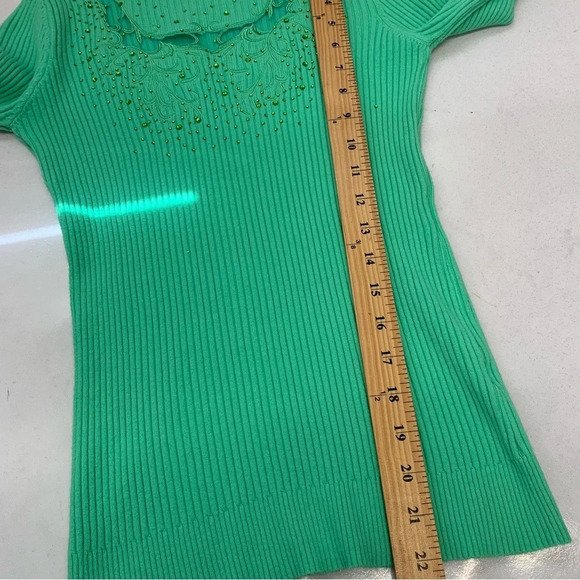 Chao Sheng Cashmere Blend Sweater  Woman Large Green Rib Knit Beads Scallop Neck - Picture 9 of 10